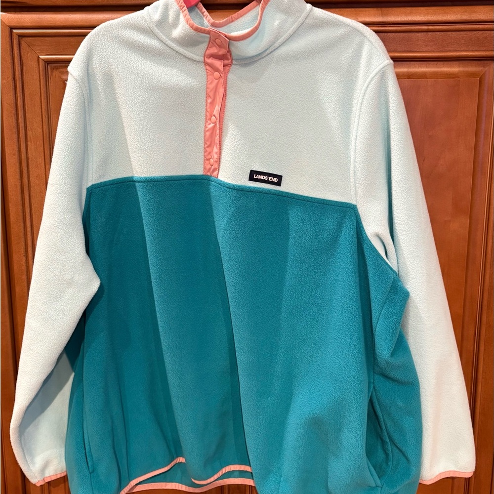 Lands' End Teal & Light Blue Fleece with Orange Trim Sweatshirt Sz 3X, 24W-26W